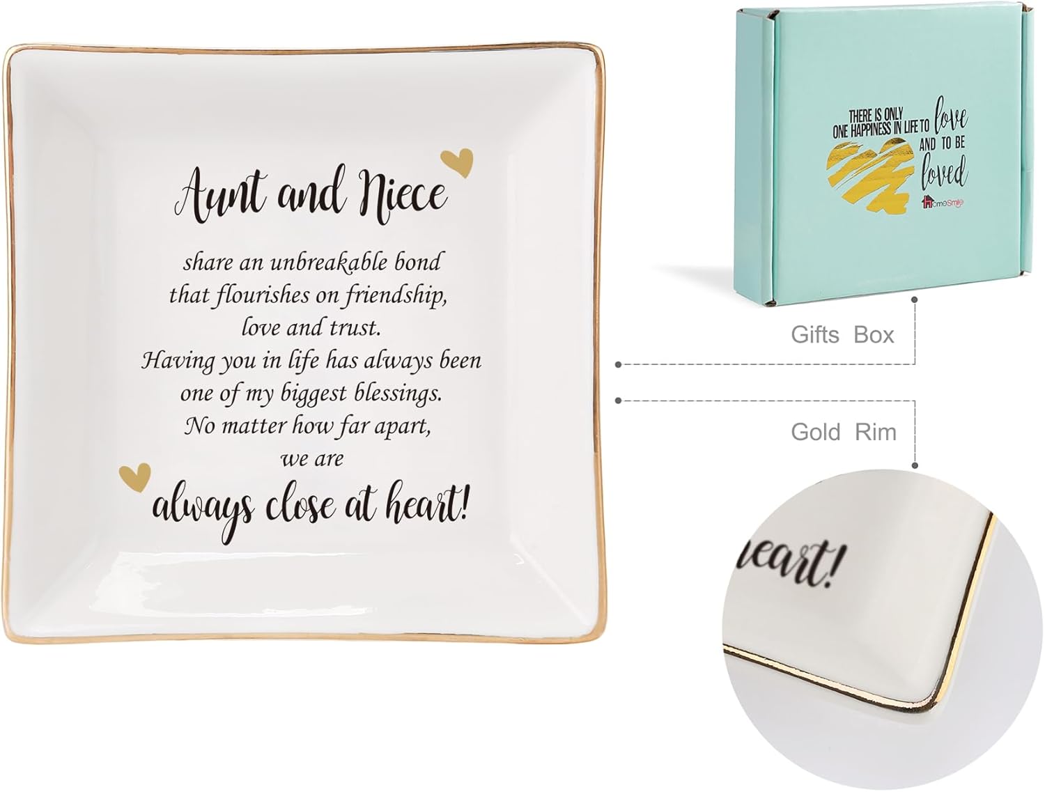 HOME SMILE Mother's Day Aunt Gifts from Niece,Aunt and Niece Gifts,Ceramic Jewelry Dish Tray for Aunts BirthdayValentine's,Thanksgiving,Xmas-Aunt and Niece Share an Unbreakable Bone - Image 6