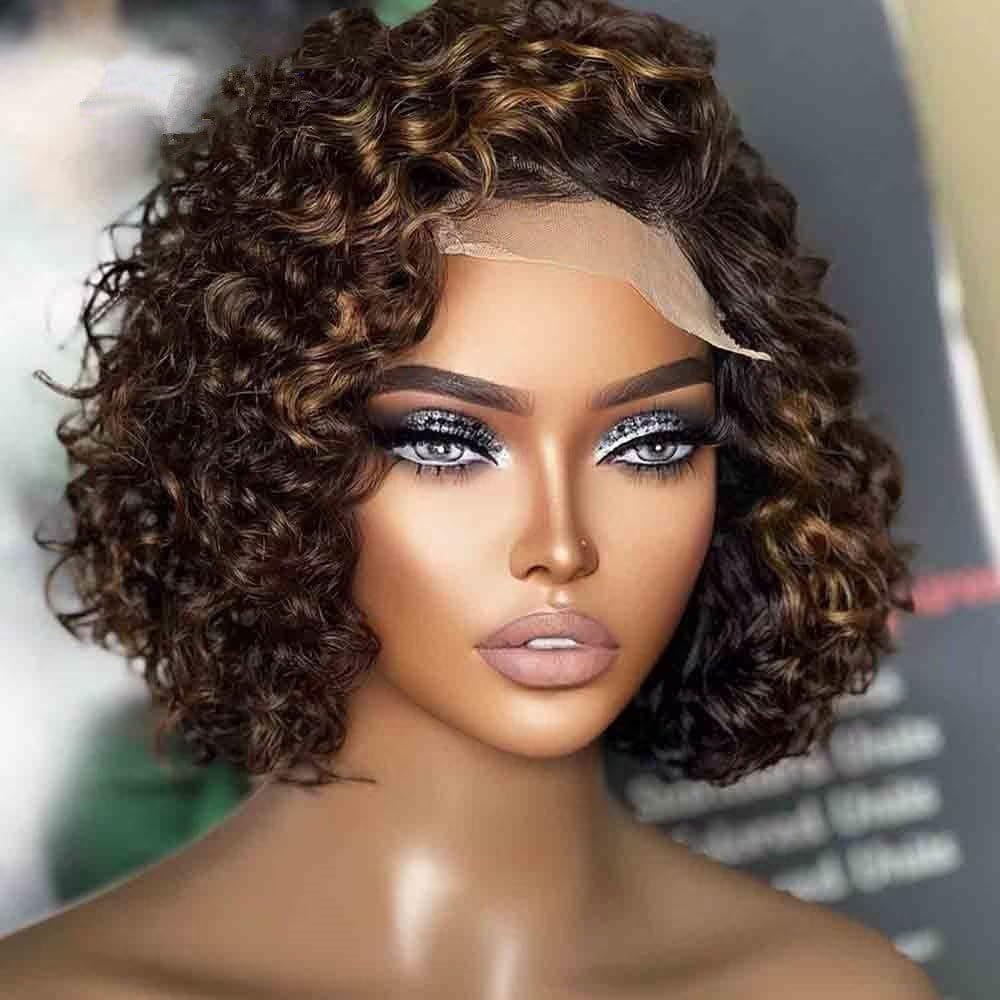 Curly Bob Wig Highlight #1B/27 13X4 HD Lace Front Wig With Baby Hair Deep Wave Pre Plucked Virgin Human Hair Glueless Brazilian Remy 150% Density for Black Women 10 Inch