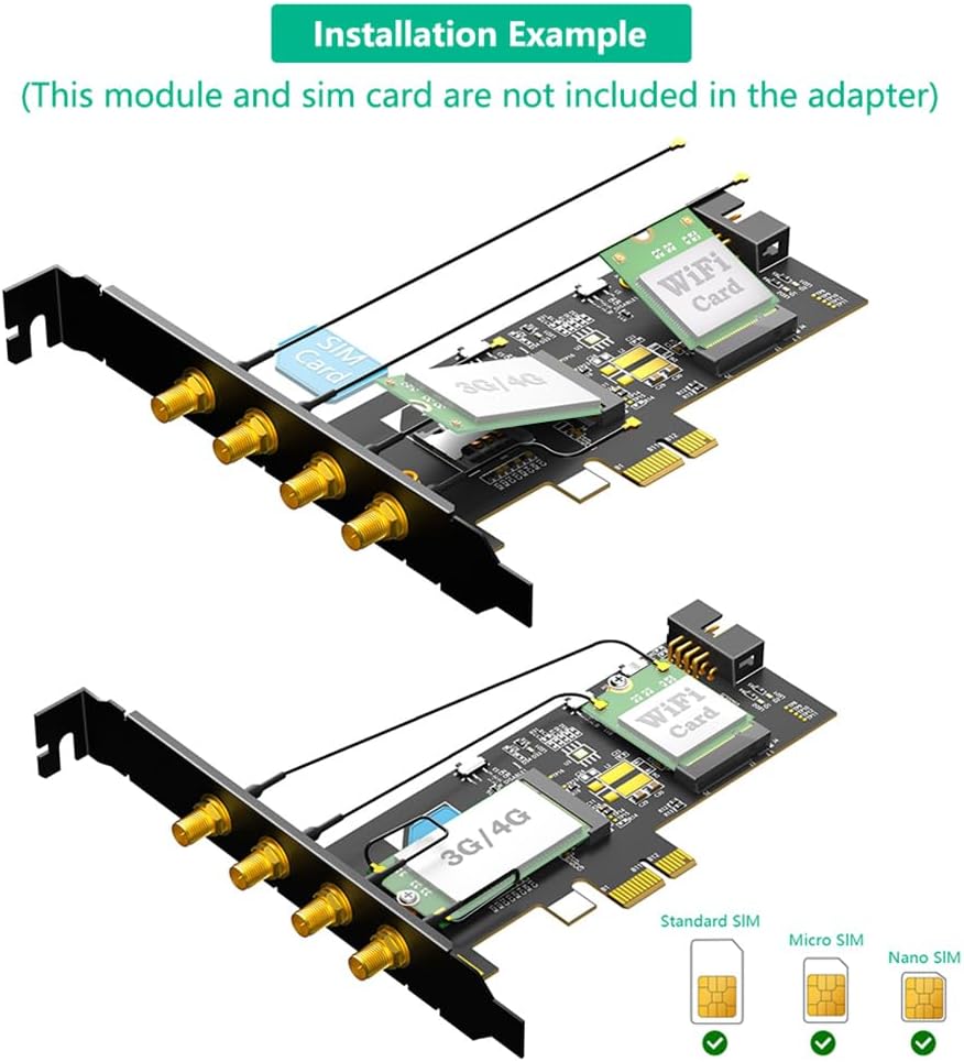 JMT NGFF M.2 Key B and Key A to PCIe X1 Network Card with SIM/UIM Card Slot Compatible with Nano/Micro SIM/Standard SIM Card (to PCI-E 1X)