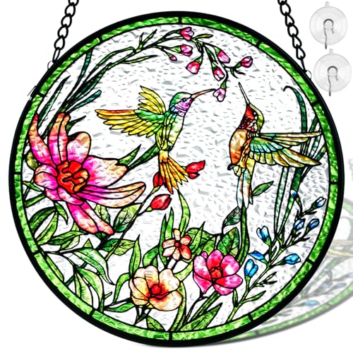 Remiawy Stained Glass Window Hanging Hummingbird Window Suncatcher 8 Inch Glass Panel with Metal Chain and Hooks Sun Catchers Indoor Wall Art Home Decor Gift for Bird Lovers Women Mother's Day