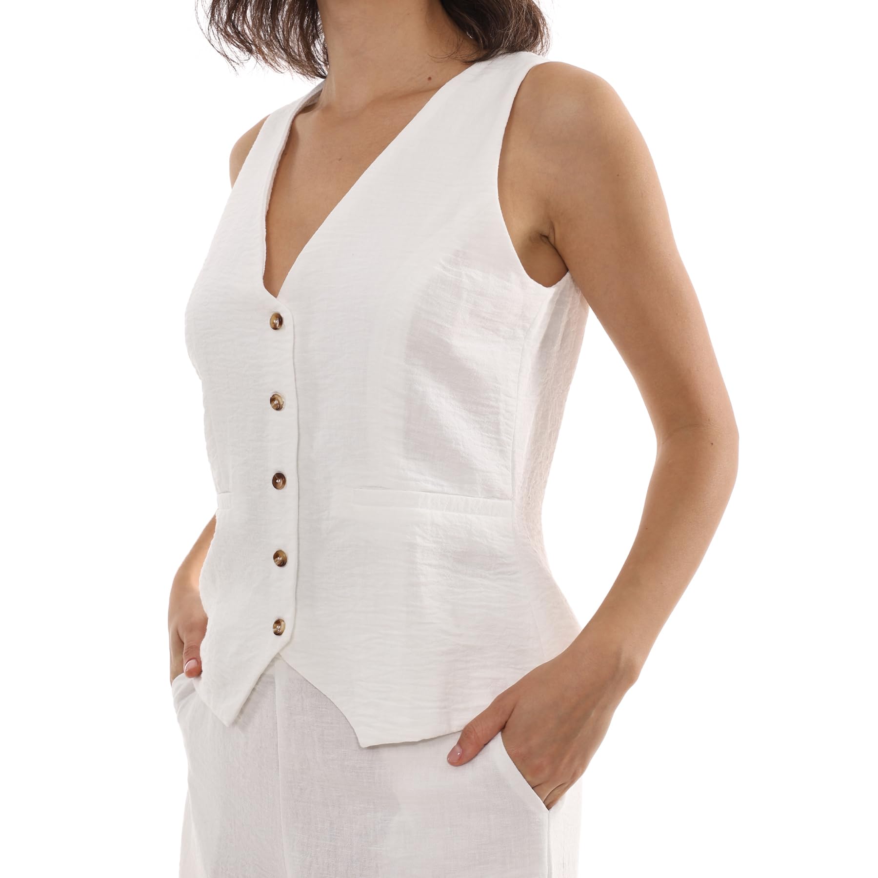 Amazhiyu Damen Leinen Anzugweste Ärmellos V-Ausschnitt Cropped Vest Sommer