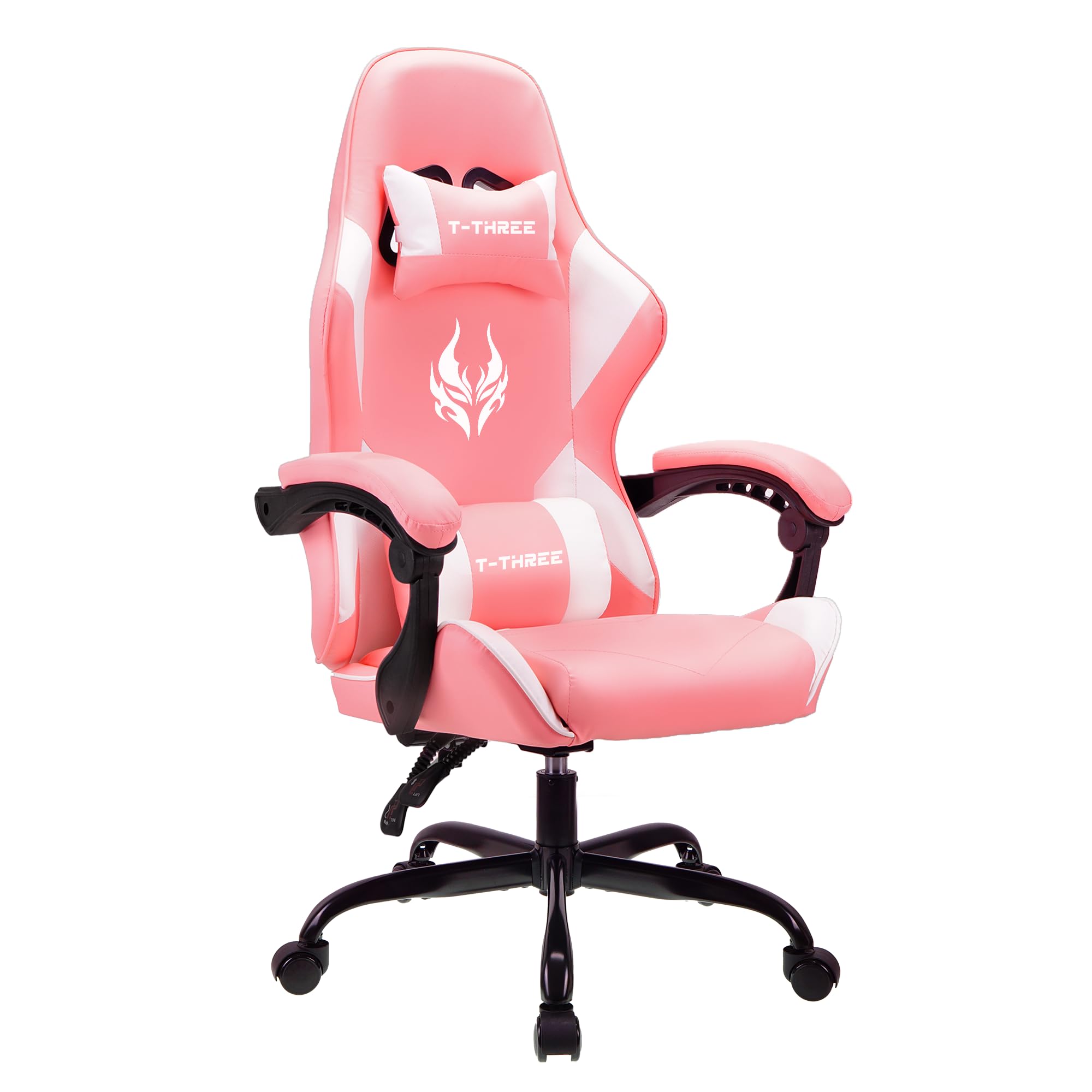 T-THREE.Ergonomic high-back gaming, computer, office, study, swivel, and racing-style chair with adjustable lumbar and headrest support, 150kg weight capacity, ideal for home office(Pink) — image 1