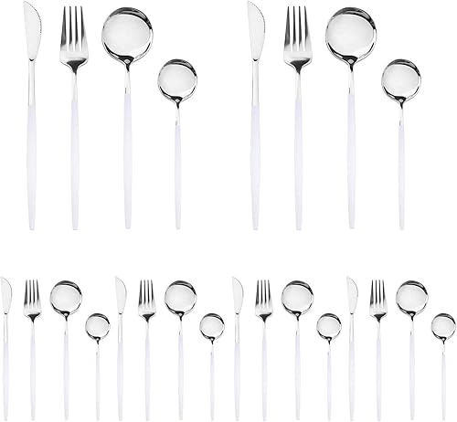 Juego de cubiertos de 24 piezas de cubiertos de acero inoxidable pulido con espejo, moderno, para 6, incluye tenedores, cucharas, cuchillos de