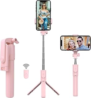 Trakxy Selfie Stick Tripods Compatible with All Phones, 3 in 1 Extendable and Portable Monopod Tripod Stand with Detachable Wireless Remote Shutter Phone Holder for All iPhone, Galaxy and More-Pink