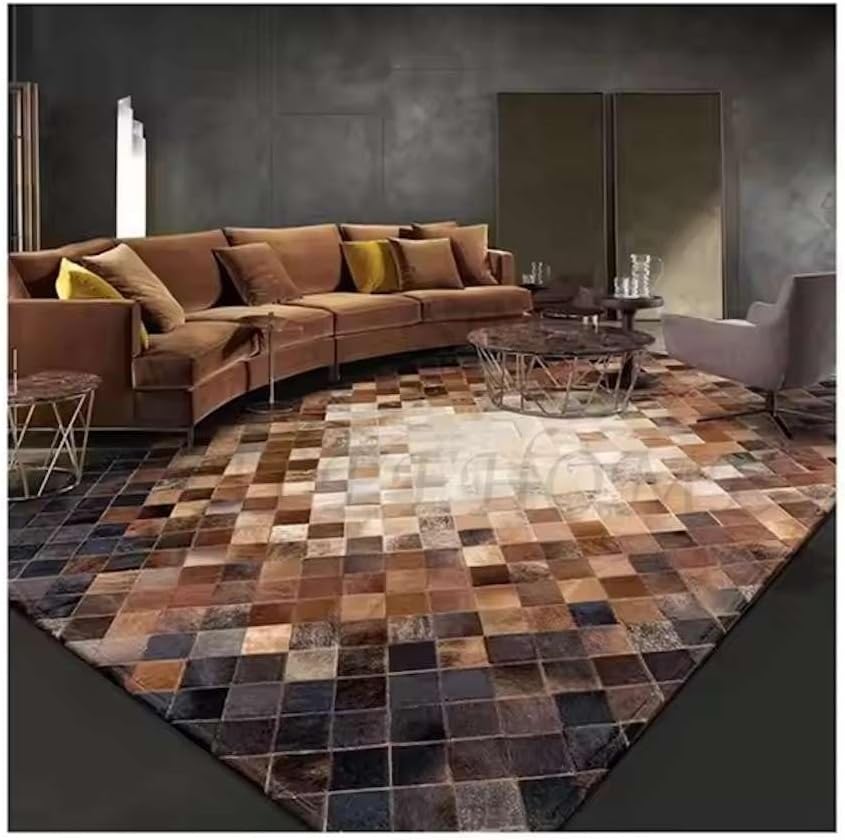 Cowhide Leather Patchwork Area Rug 4×6 ft – Natural Patterned Low Pile Area Carpet, Modern Rustic Design for Living Room Bedroom Dining Room & Lounge Decor, Brown