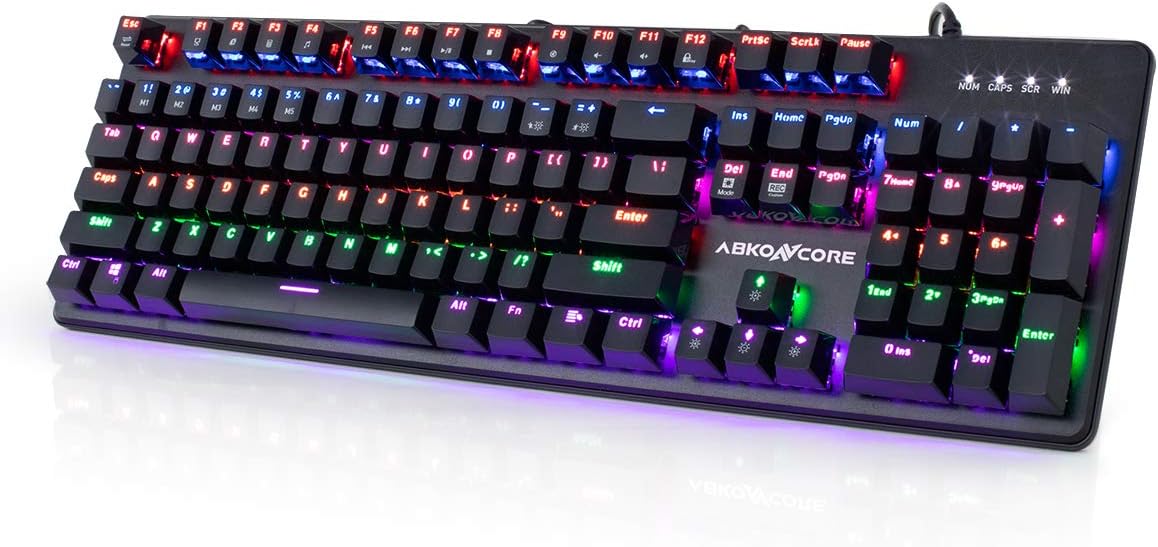 ABKONCORE 100% Mechanical Hot Swappable Gaming Keyboard K595, Full Key Rollover Wired USB Rainbow LED Backlit, 104 Keys Splash-Proof GTMX Blue Switches for Gaming, Work, Home, Office, PC, Mac, Windows