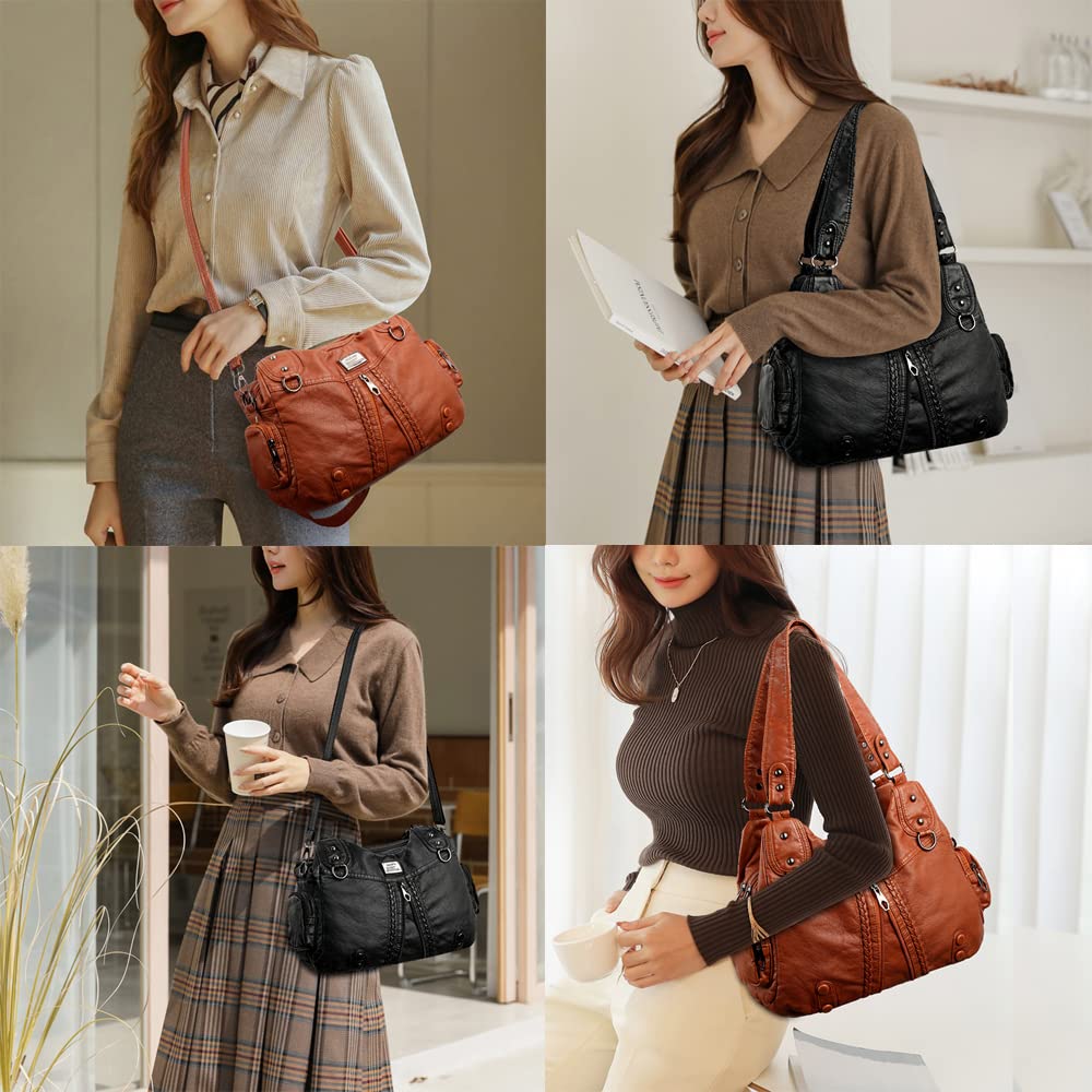 Bolso Hobo Bolso de Hombro con Bandolera en Cuero PU para Mujer Retro Bolsos Bandolera Elegante Bolso de Mano Vendimia Bolsode señora para Damas Mamá Negro