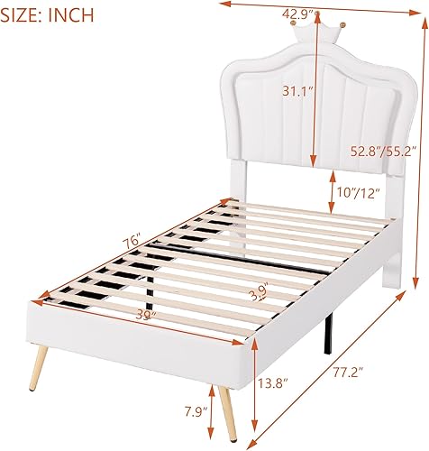 Miniatura 2 de Base de cama LED tamaño Queen, cama de plataforma tapizada con cabecera corona, camas de princesa modernas de piel sintética con luz para niños,