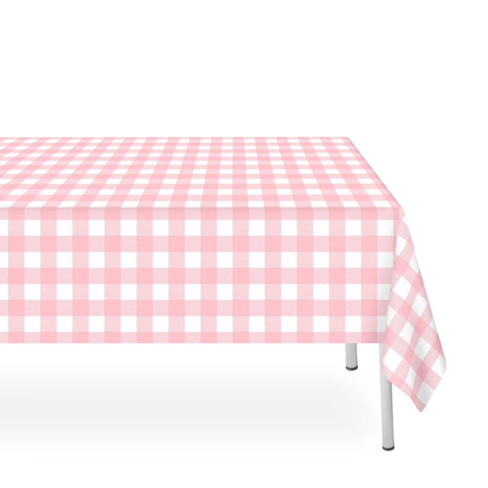 2 Pack Pink and White Checkered Tablecloth, Pink Plastic Table Cloths for Parties Disposable, 54x108 in Waterproof Rectangular Pink Gingham Camping Tablecloth for Birthday, Party, Baby Shower