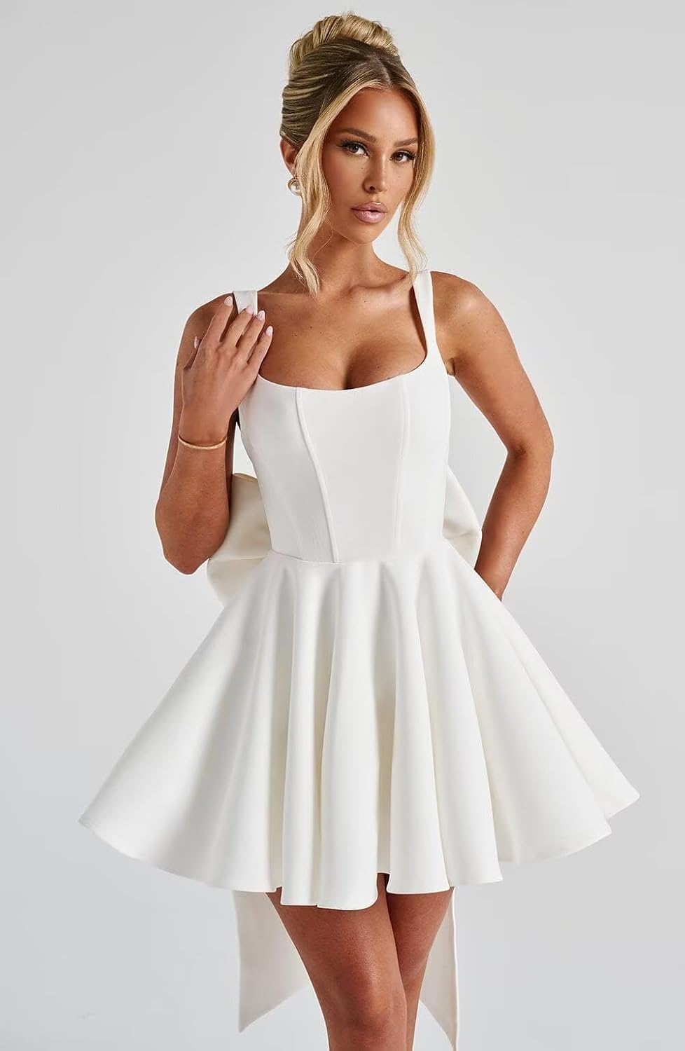 Tianzhihe Satin Homecoming Dresses with Bow Back Square Neck Spaghetti Straps Short A Line Cocktail Dress for Women