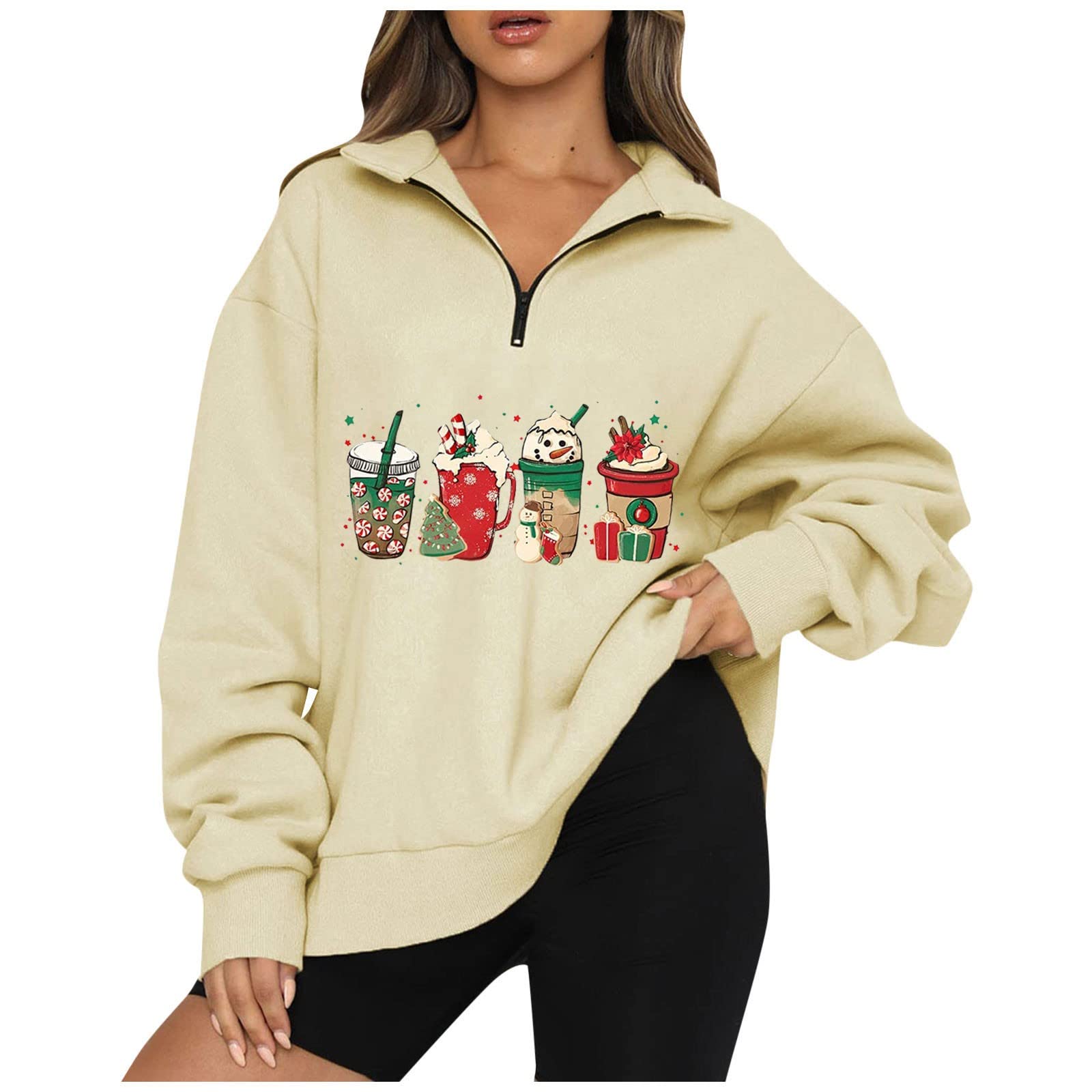 RMXEi Womens Workout Shirts Loose Fit,Women's Casual Fashion Long Sleeve Christmas Print Zip Sweatshirt Top