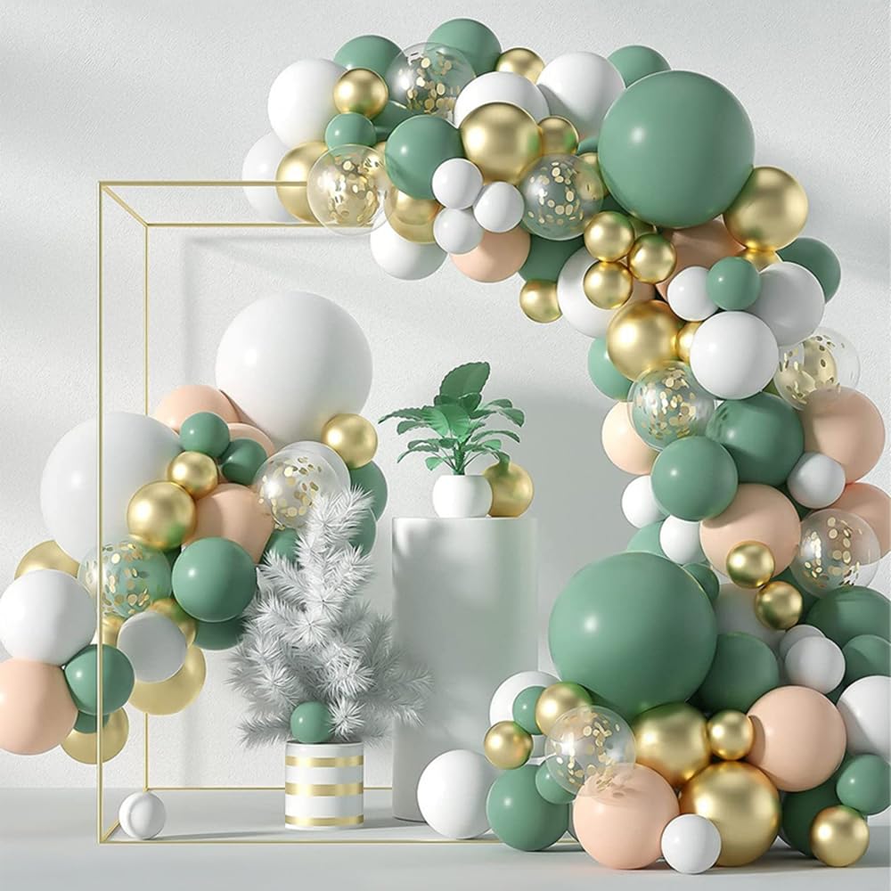 Salbeigrün & Gold Babyparty Dekoration Set – Mit Ballons, Hintergrund, Tischdecke, Banner, Tortenaufsatz