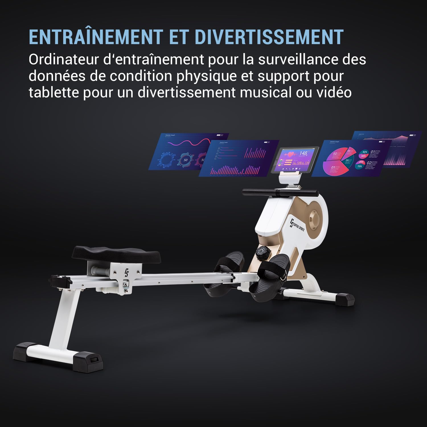 CAPITAL SPORTS Stream M1 - Rameurs d'appartement, Rameur Professionnel : entraînement très Efficace, résistance magnétique à 8 Niveaux, Rail en Aluminium de 105 cm