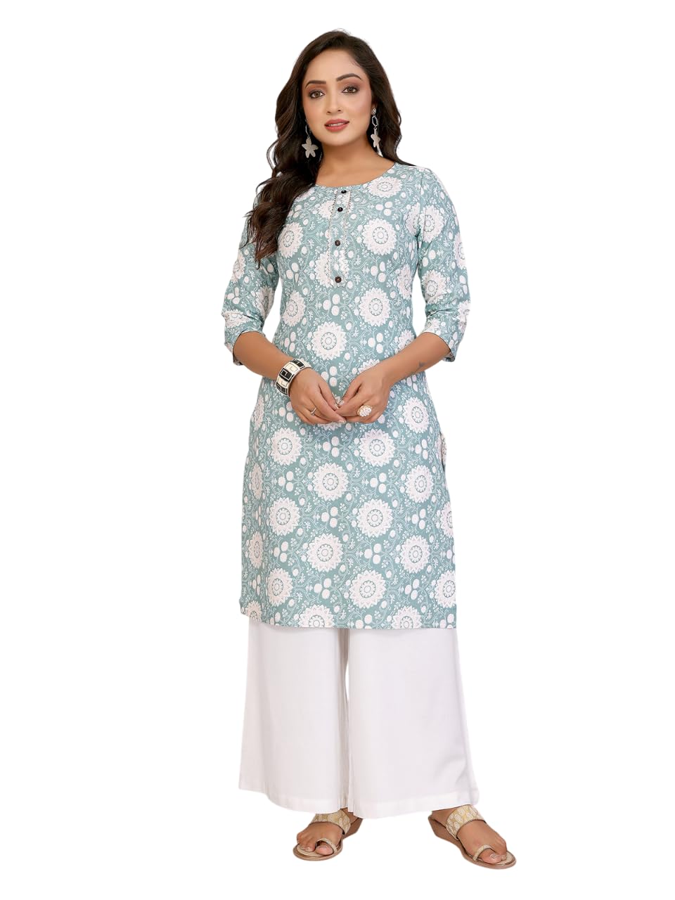 rangita Kurta Kurti Women's Straight Printed Viscose Knee Length Kurti, Sea green, S