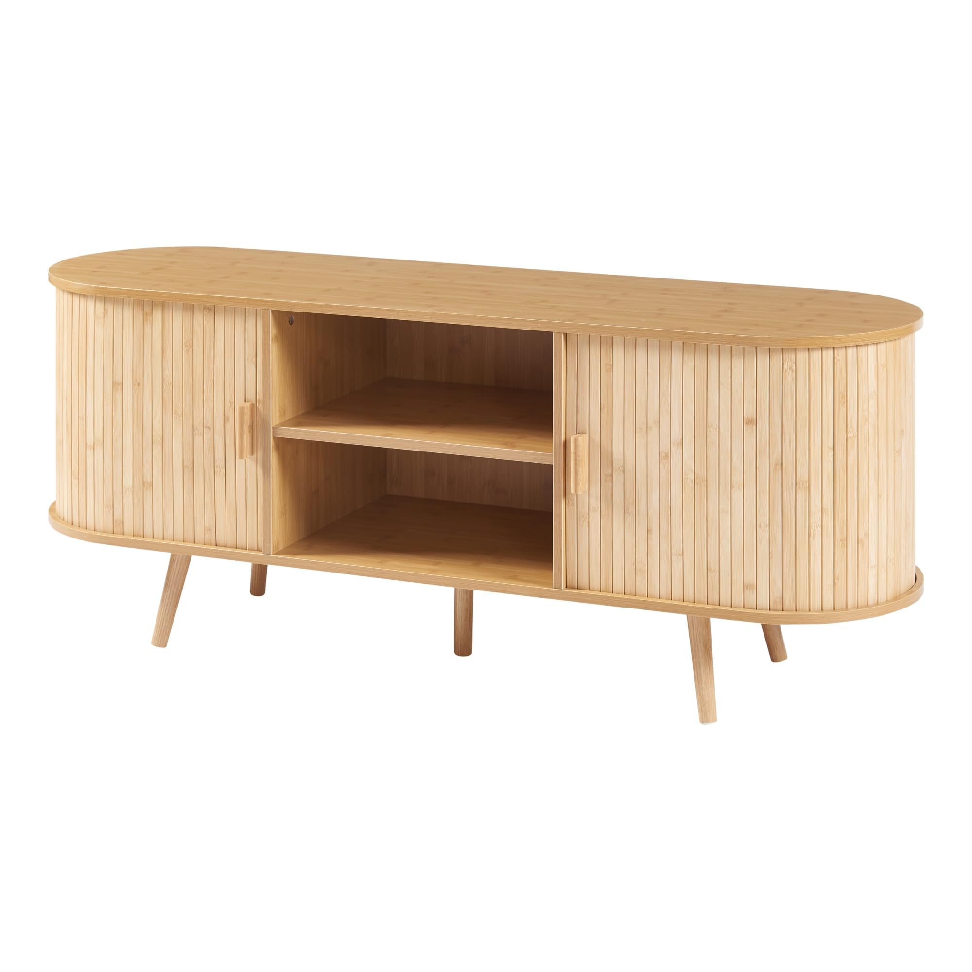[en.casa] Aparador con Puertas Nordkapp Correderas Mueble de TV en Forma Ovalada Armario Multiusos 2-2 Compartimentos Cerrados y 2 Compartimentos Abiertos Bambú Madera 140x40x56 cm - Natural