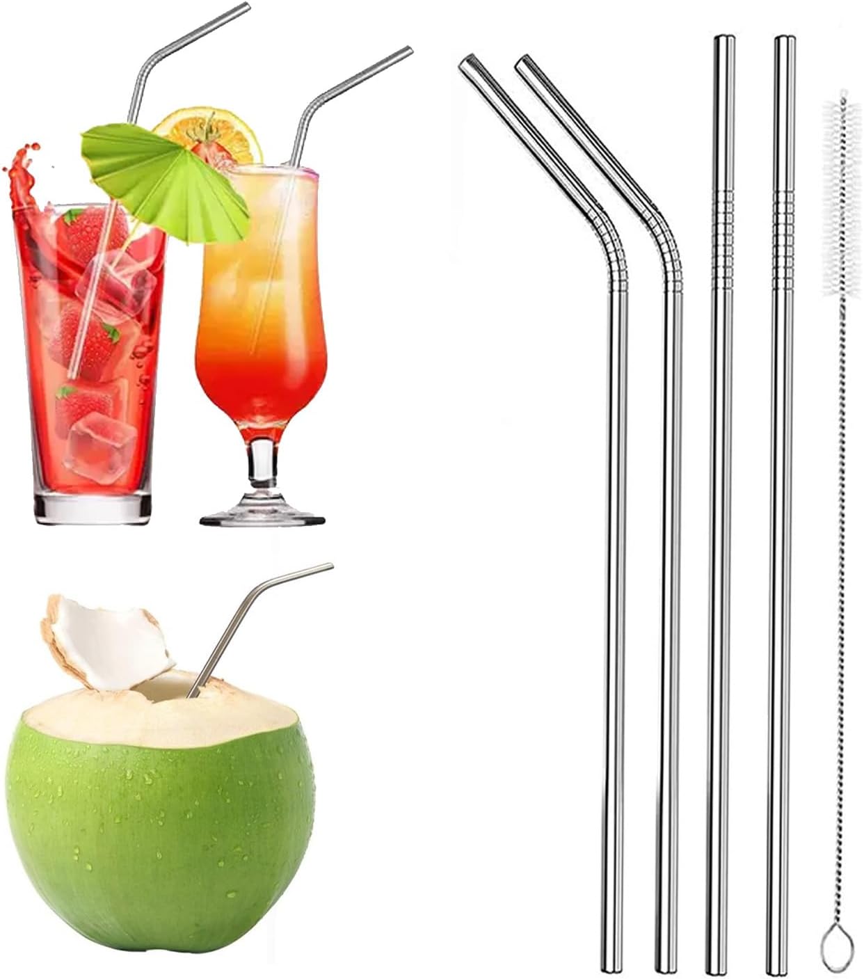 Reusable BPA-Free Metal, Thick, Long, Dishwasher Safe Stainless Steel Drinking Straws, 8.5 Inches (2 Straight, 2 Bend and 1 Cleaning Brush) - Set of 4