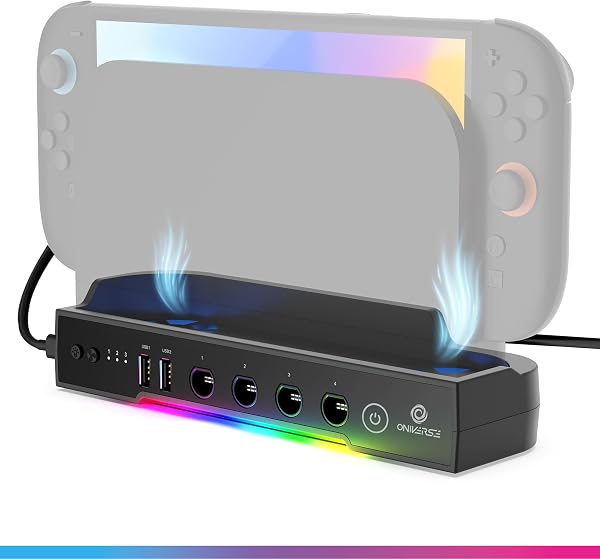 Oniverse Support pour Nintendo Switch 2 - Station de Refroidissement Multifonction, Chargeur 2 Manettes Pro USB-A, 4 Ports NGC pour manette Gamecube, Ventilateur 3 vitesses, 8 Modes LED - Hubble - 1