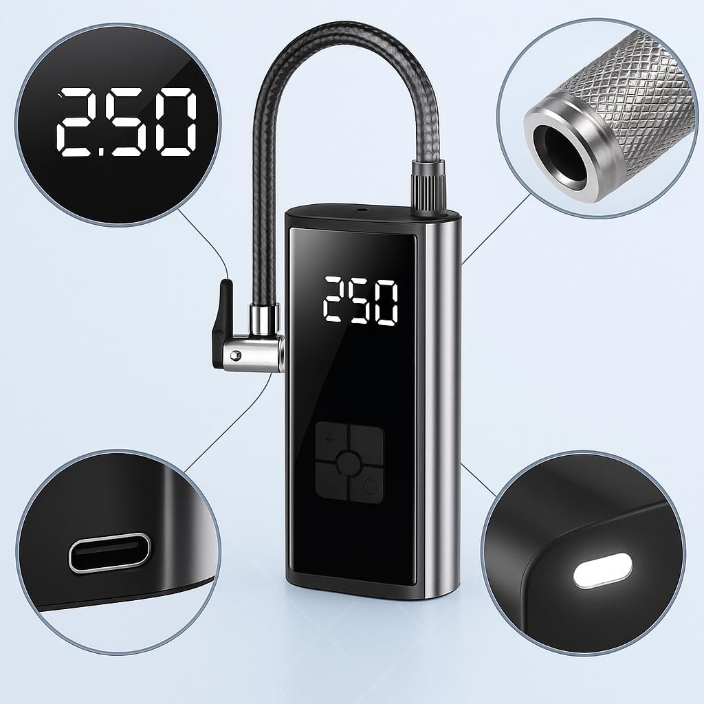 LiKiLiKi Kabelloser Reifenfüller, 150 PSI, tragbarer Luftkompressor mit digitalem Manometer & LED-Licht, wiederaufladbare Reifenpumpe für Auto, Fahrrad, Motorrad & Bälle