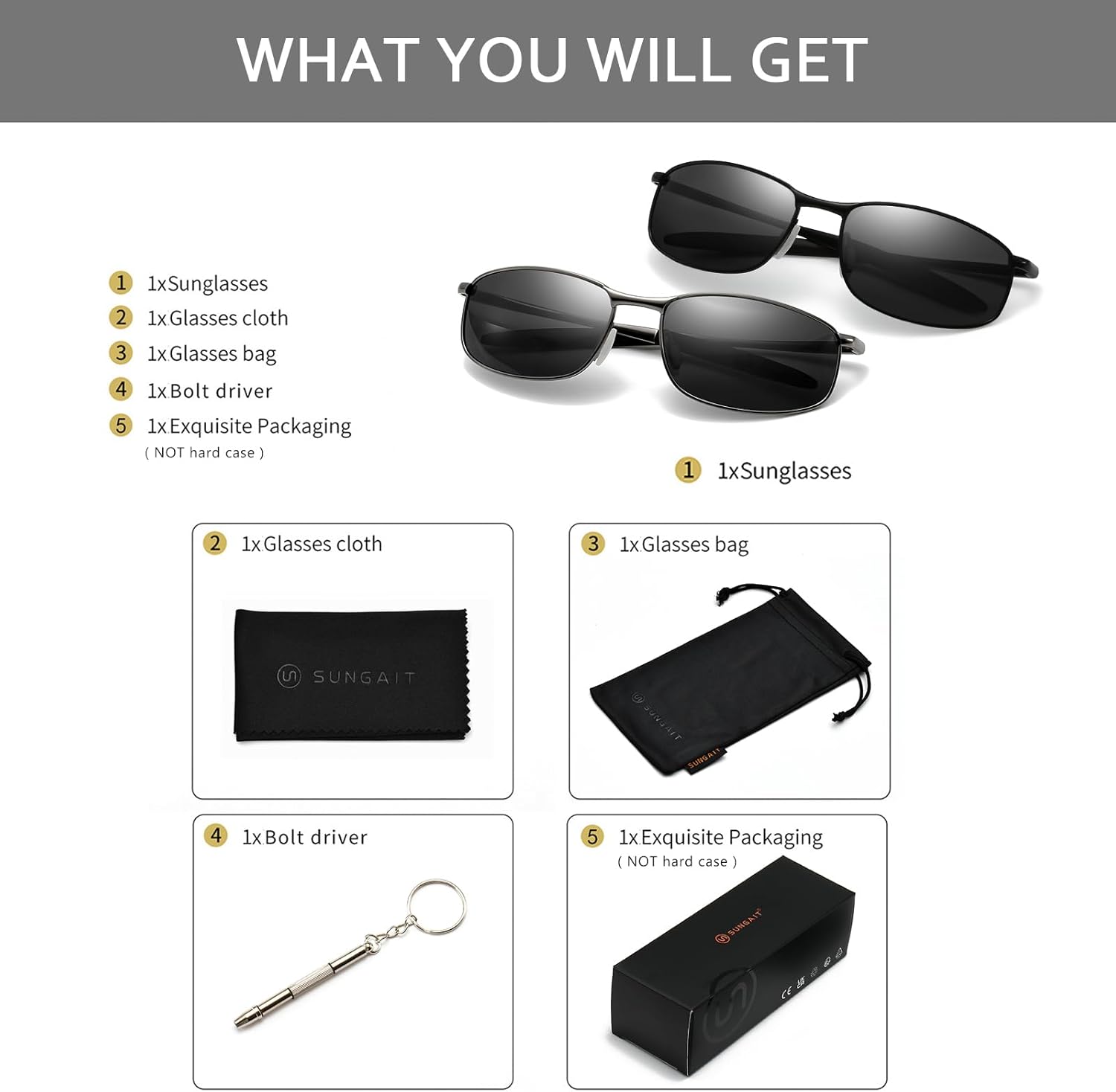 SUNGAIT Mens Narrow Polarized Sunglasses Metal Frame Small Rectangle Retro Durable UV400 Protection - Image 7