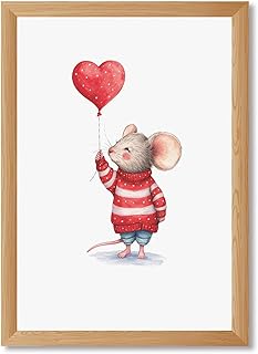 Framed Cute Mouse with Heart Balloon Poster Canvas Print Art for Living Room and Bedroom Wall Decor Whimsical Art Print Home Decor Pictures Painting (Wood Framed,12" Lx16 W)