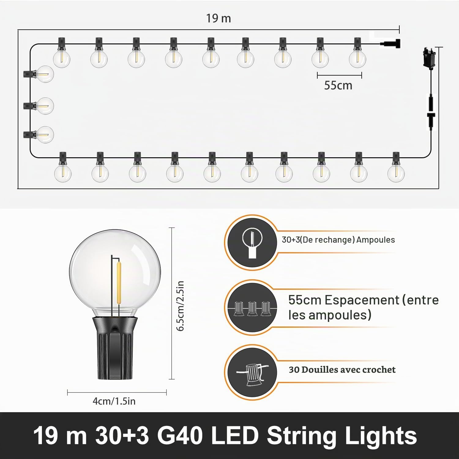 Guirlande Lumineuse Guinguette Exterieur - 19M Guirlande Lumineuse Exterieure avec 30+3 G40 Ampoules IP44 Étanche, Guirlande Guinguette LED pour Jardin Fête Mariage Terrasse Balcon Patio