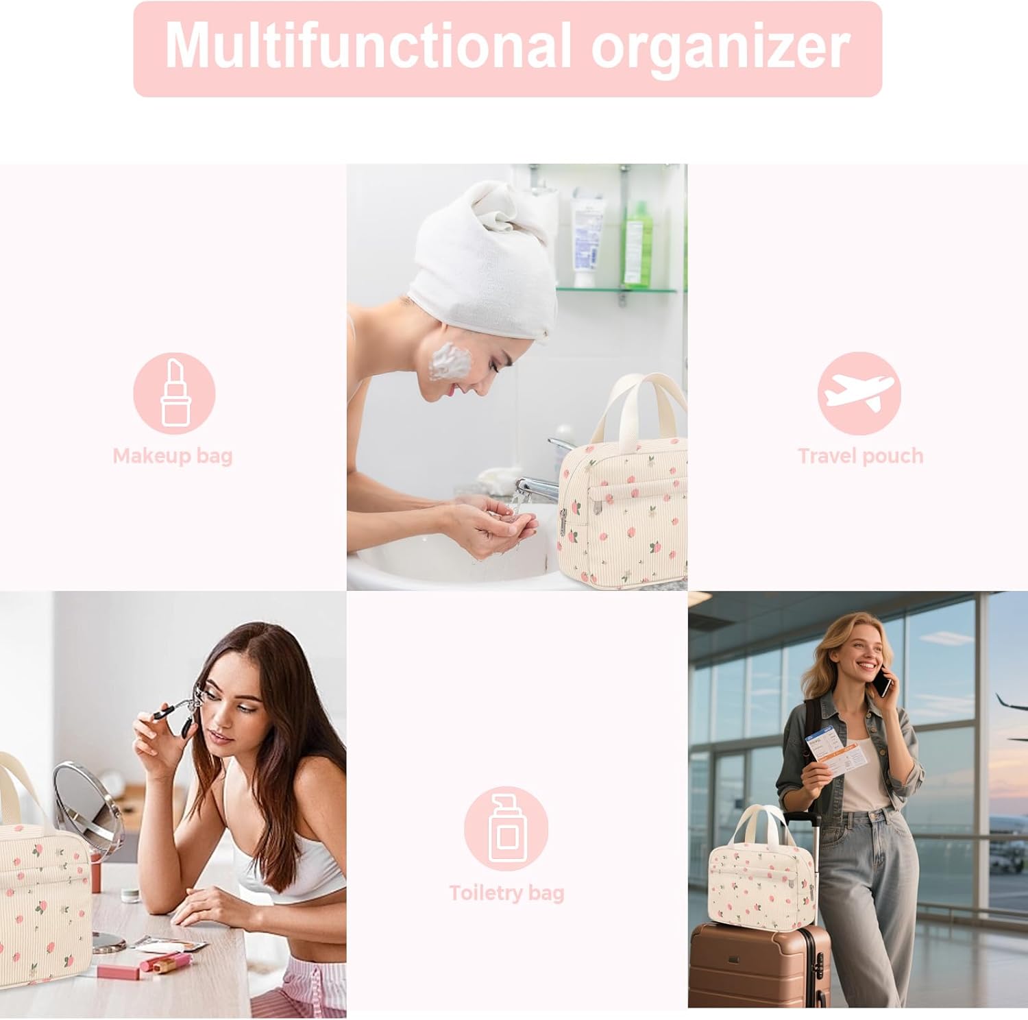 Small Makeup Bag for Purse Cute Corduroy Cosmetic Pouch with Zipper Travel Toiletry Bag for Women(Cute strawberries pink) - Image 6