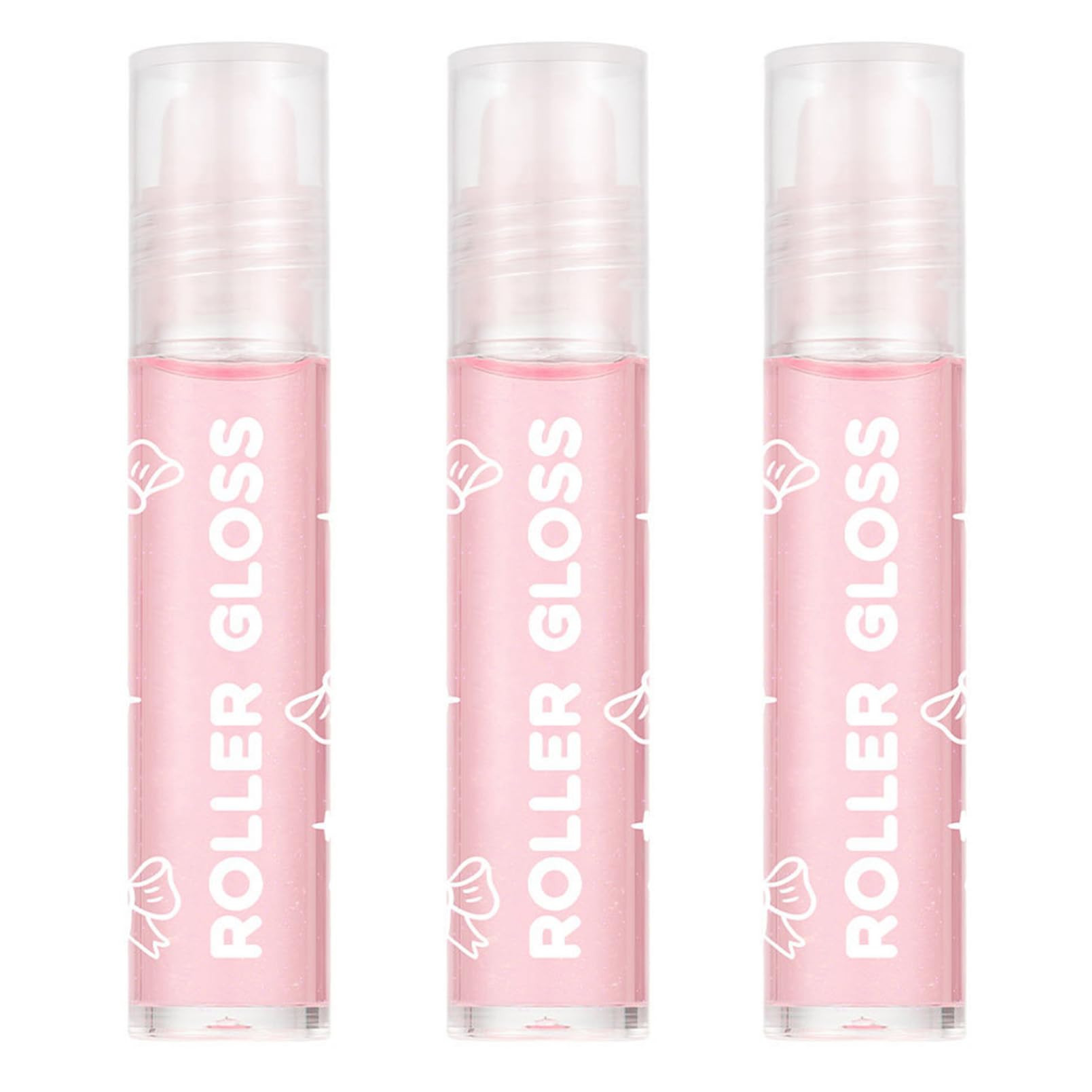dPois 3 Piece Roll On Lip Gloss Set Transparent Oil Based Formula with Sparkle for Lip Nourishment Pink