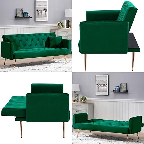 Miniatura 7 de Sofá cama plegable convertible de 71 pulgadas, moderno sofá biplaza de terciopelo con 2 almohadas, sofá cama futón con colchón y marco para sala de