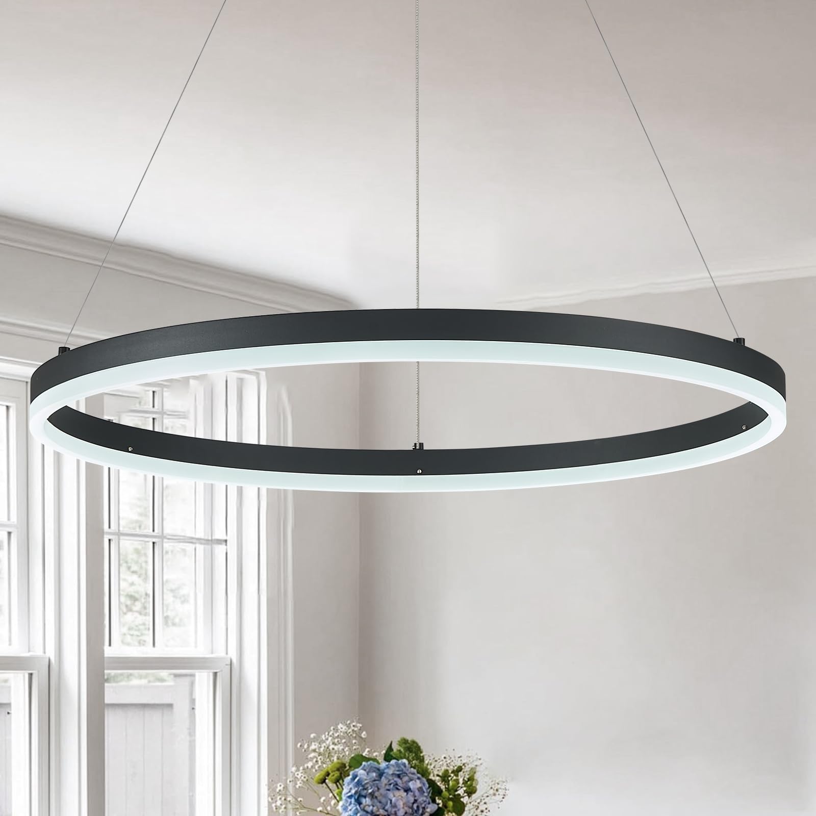 modern led pendant lighting 24'' ring chandelier black dimmable led chandelier for dining room 36w adjustable pendant light fixture for living room bedroom home office foyer, 3000-6500k