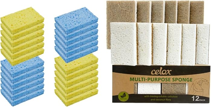 CELOX 24 Pack Natural Wood Pulp Sponge for Dishes and 12 Pack Dual-Sided Natural Cellulose Sponge for Dishwashing