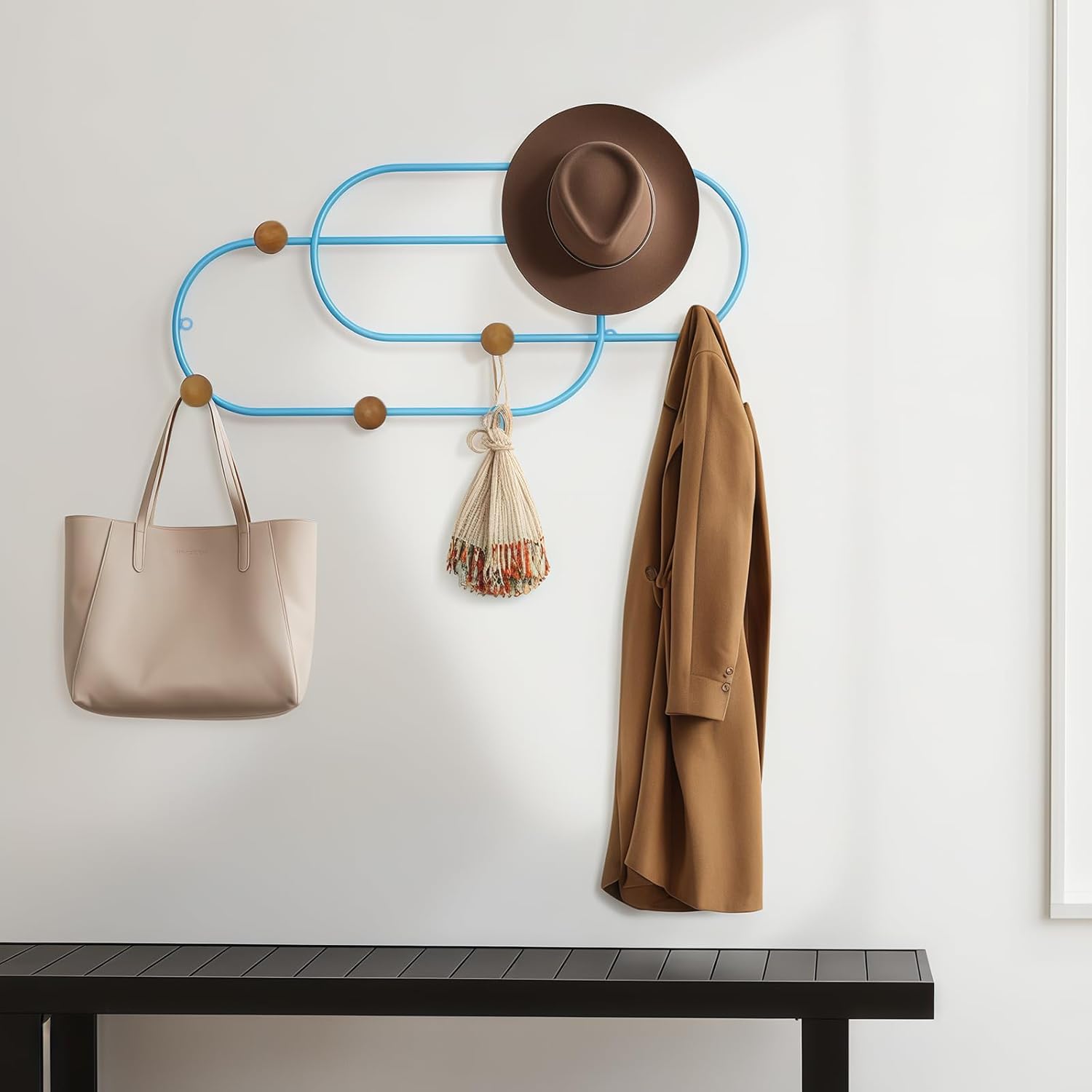 Multifunction Wall Mounted Unit with Coat Hat Rack Hooks and Metal Necklace Holder (Blue, 23.62” L × 11.22” W(6-Hook))