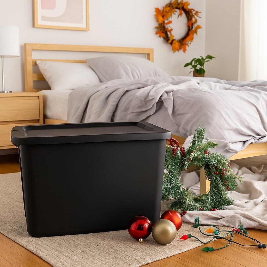 Black 8-Pack 18 Gallon Plastic Storage Bins with Snap-On Lids, Stackable Lidded Containers with Comfortable Integrated Handles for Camping Gear, Sports Equipment, Tools, Blankets & Sleeping Bags
