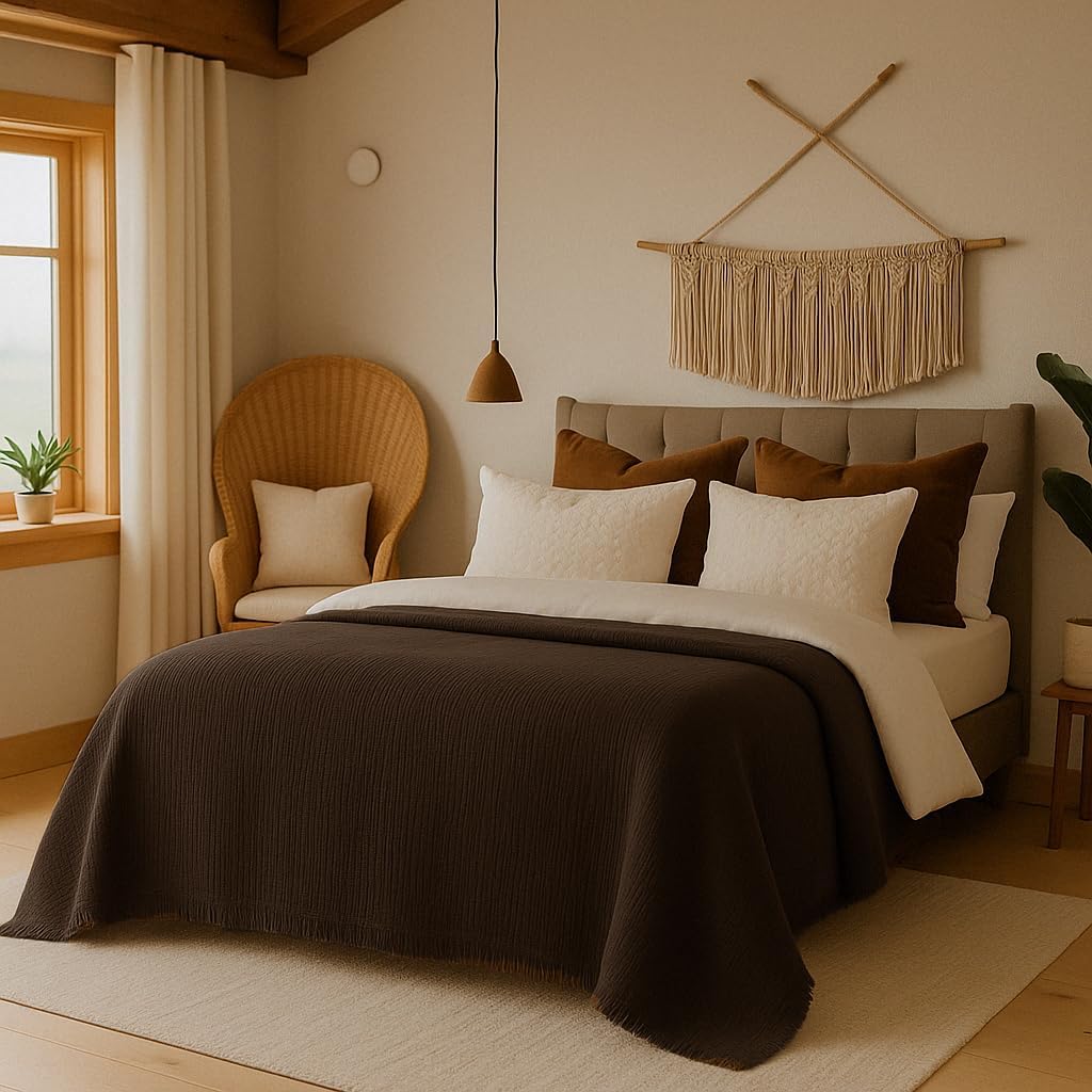 King Size 3 PCS 4 Layered Muslin Throw Blanket% Pillowcases,%100 Cotton Lightweight and Breathable Summer Blanket, Brown King Size Soft Gauze Bedspread (Brown, King - 90x102 inches - 230x260 cm)