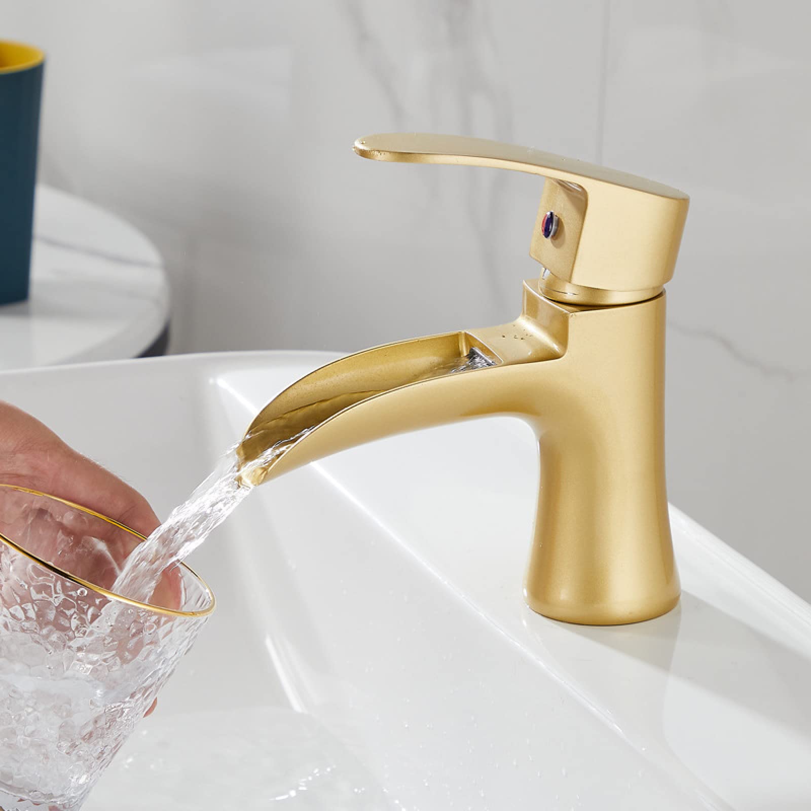 Genérico Lavabo, Cascada, Grifo, Lavabo De Encimera, Agua Fría Y Caliente, Monomando, Mueble De Baño De Un Solo Orificio, Grifo De Cobre, Negro Bajo