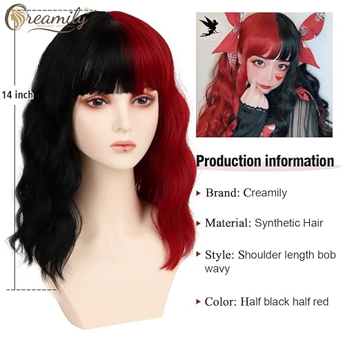 Miniatura 4 de Creamily Negro y rojo Halloween rizado onda pelucas con flequillo corto rizado ondulado parte media sintético Cosplay peluca de pelo para mujeres
