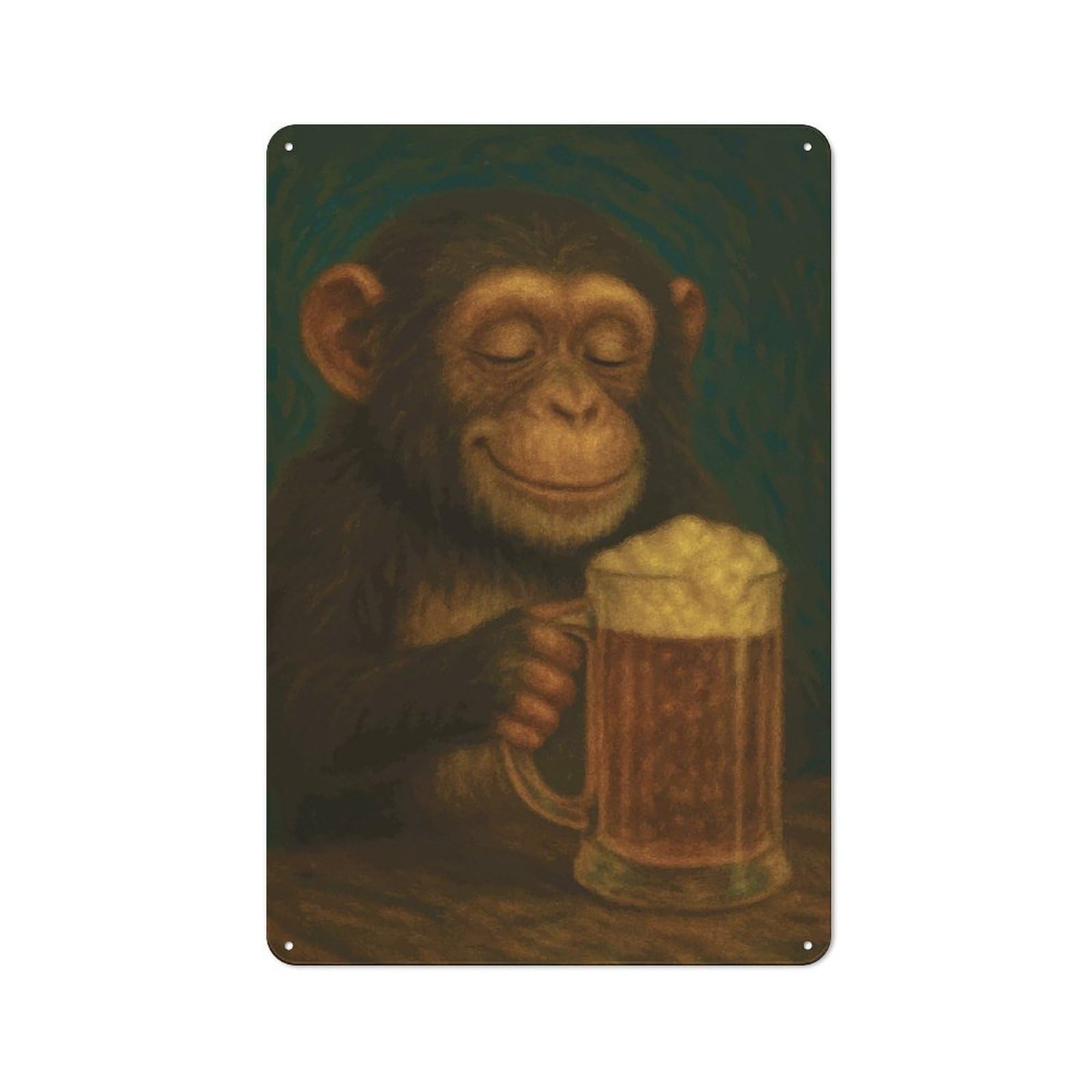 Junmoney Style-18 Metal Plaque 30X20cm With Chimpanzee Enjoying A Beer Beer Drinking Monkey For Pub Or Café, Retro Decor, For Pub Decor Enthusiasts Refreshing A Room In Autumn
