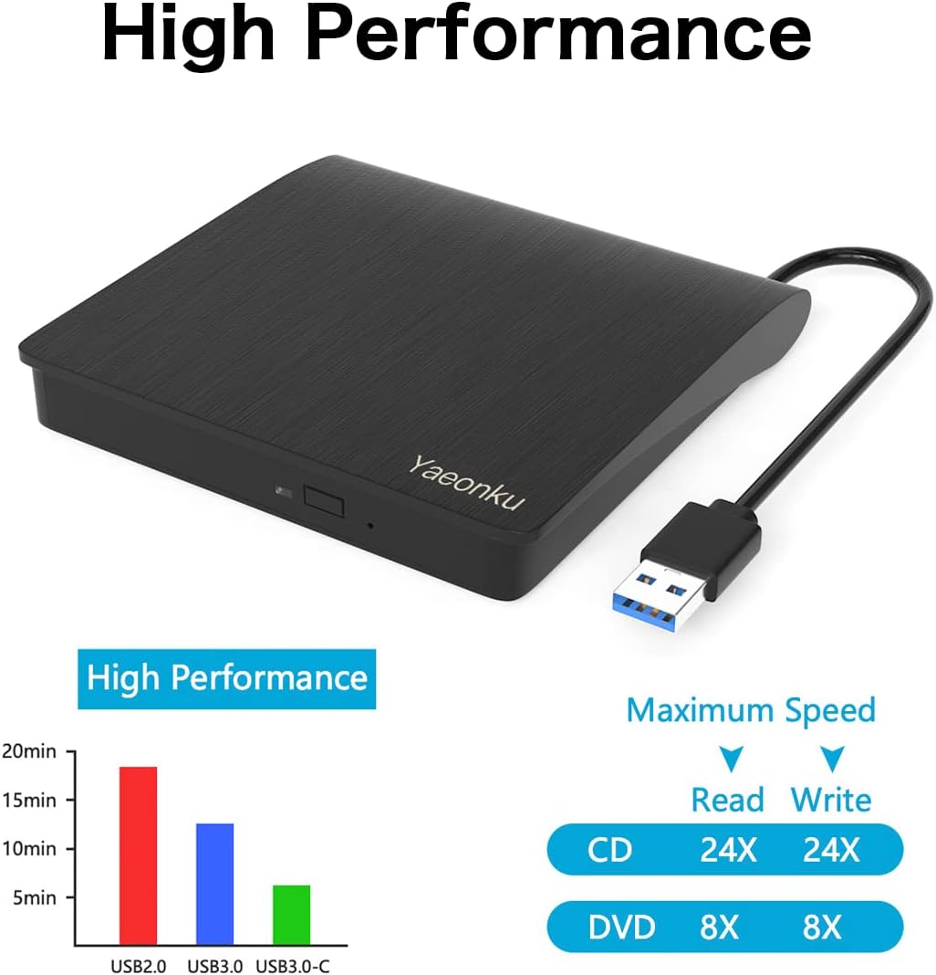 Yaeonku External CD DVD Drive, USB 3.0 Portable CD DVD +/-RW Optical Drive, DVD/CD ROM Rewriter Burner, Compatible with Laptop Desktop PC Windows Linux OS Mac