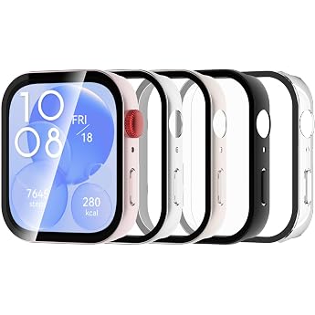 Pack of 5 Protective Cases Compatible with Huawei Watch Fit 3 Hard PC Case with Screen Protector HD Case Cover Matte with Tempered Glass - Transparent Champagne Gold Black Silver Pink