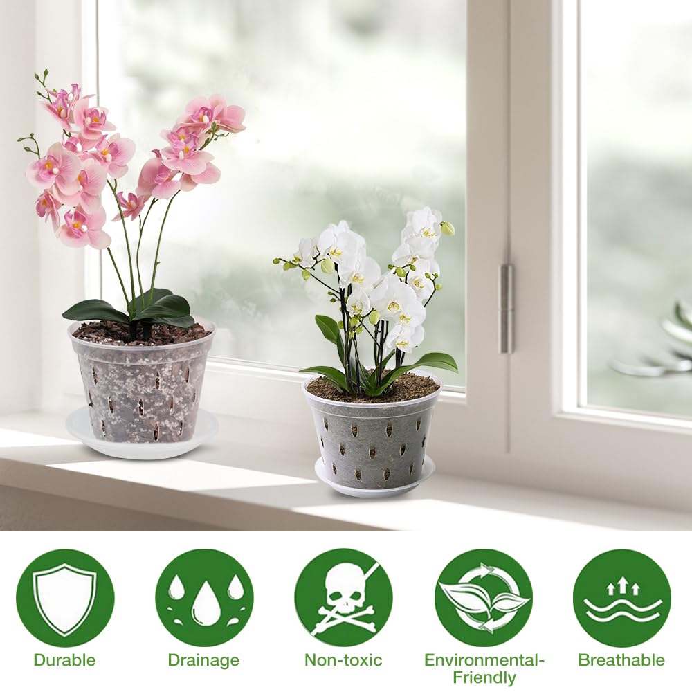 HIULLEN Clear Orchid Pot, 6pcs 10cm 14.5cm 16cm/5pcs 16cm Plastic Plant Pots with Drainage Hole and Tray, Seed Seedling Pots, House Plant Pots, Nursery Pots for Orchid Repotting Kit - Image 4
