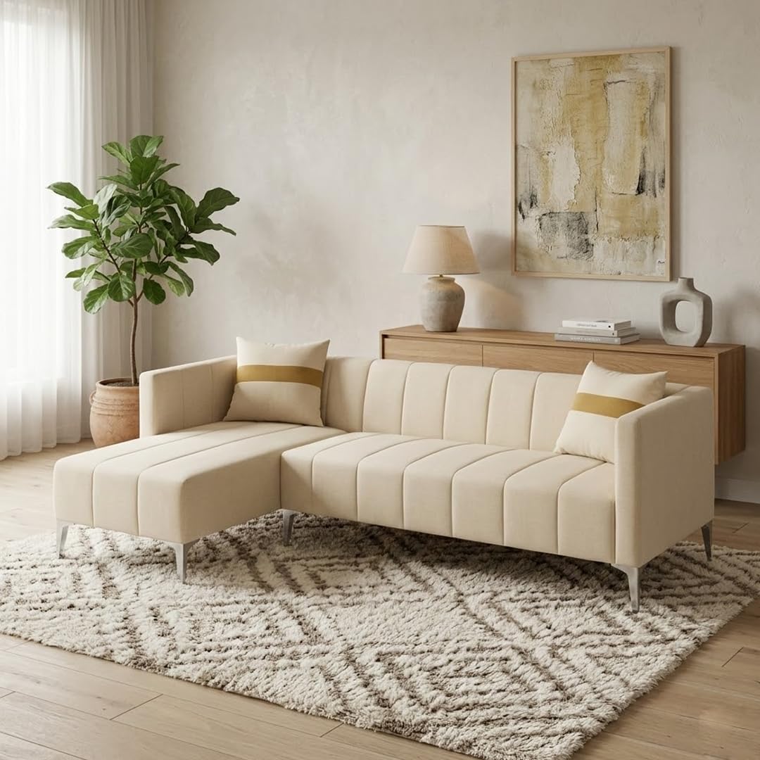 Solomon Luxe Velvet-Suede Fabric 5 Seater LHS L Shape Sofa | Comfortable & Spacious Seating | Modern Sofa for Living Room – Cream-picture-15
