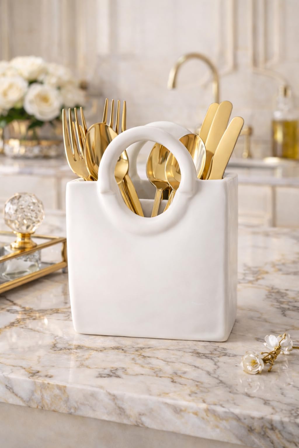 White Ceramic Utensil Holder - Kitchen Organizer -1