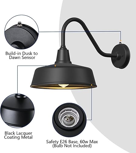 Miniatura 3 de Ytzlvw Luces de granero grandes de cuello de cisne para exteriores de 12.6 pulgadas desde el atardecer hasta el amanecer, luces clásicas negras