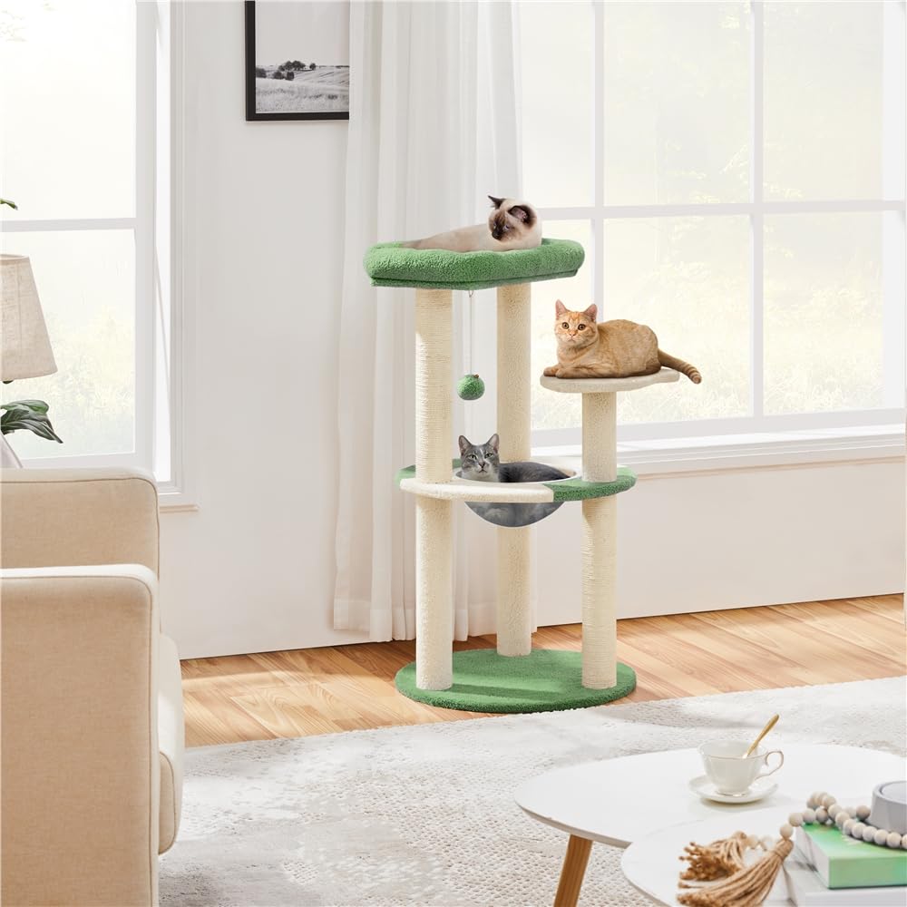 Tiragraffi per Gatti Albero Alto 90 cm con Trespolo Palla Giocattolo Tana Trasparente Torre Gatto Verde e Beige