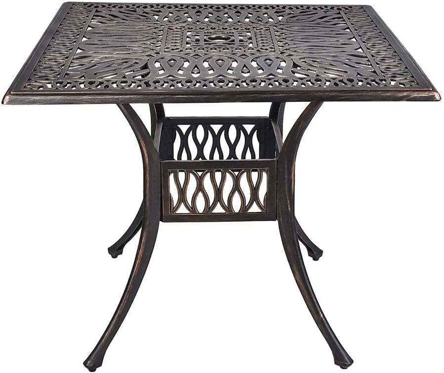 TITIMO 35.4" Outdoor Patio Bistro Dining Square Table Weather Resistant Cast Aluminum Conversation Table with 2.2" Umbrella Hole for Backyard, Garden, Poolside, Balcony(Retro)