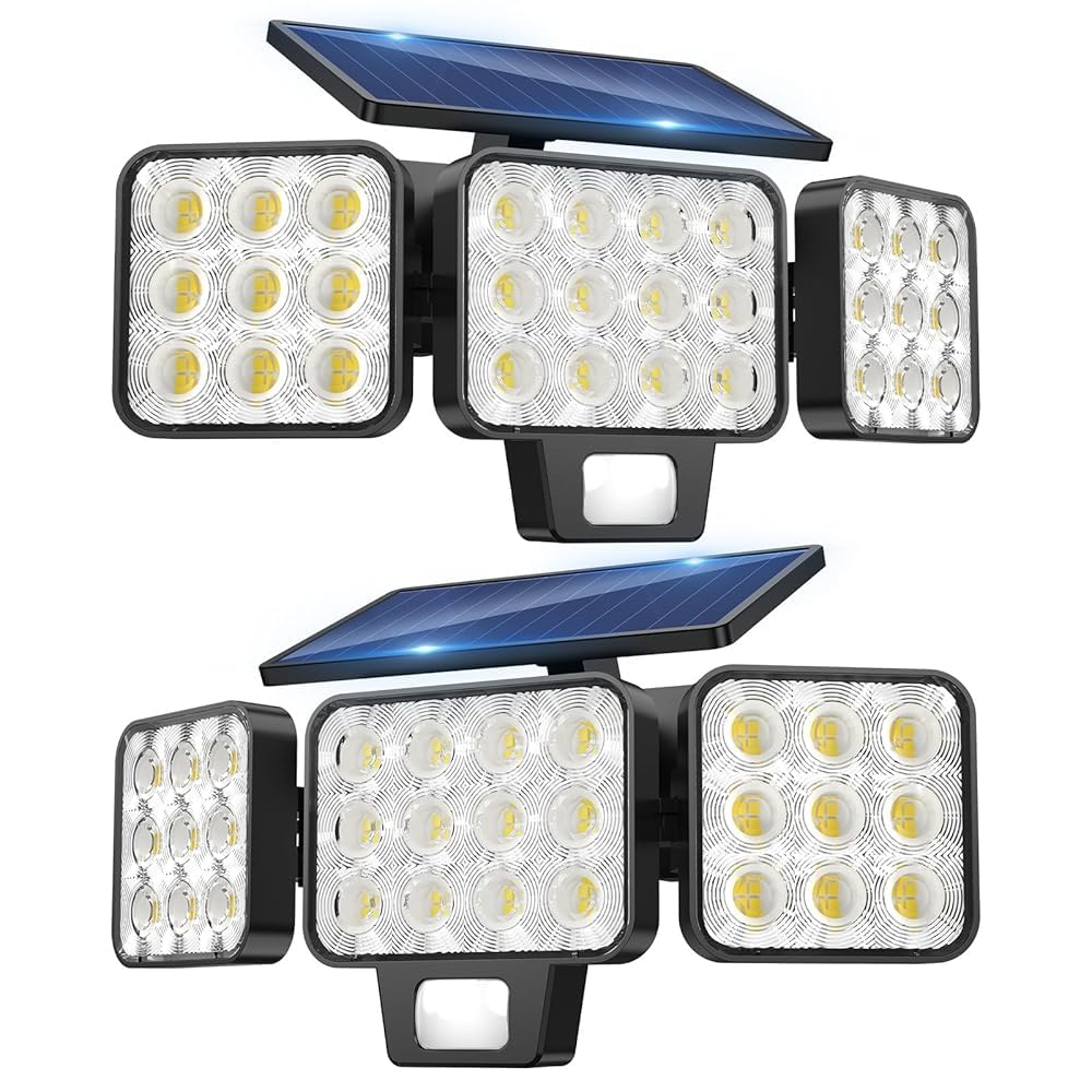KOOPER Solar Flood Lights, Motion Sensor Outdoor Lights, Solar Motion Lights Outdoor Waterproof, 3-Head Wide Angle Outdoor Security Lights for Yard Patio Garage Entryways, 2 Pack, Black