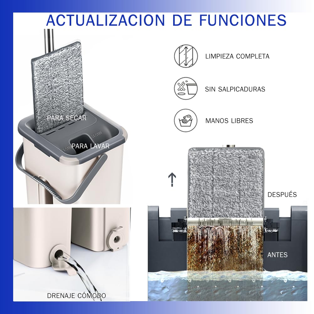 Mopa para Limpiar Azulejos y Paredes Mopa Fregona con Cubo Escurridor Fregona Autoescurrible Mopas de Limpieza Suelos Mop Bucket Set 6 Almohadillas Microfibra Gamuza Trapeador (Beis)