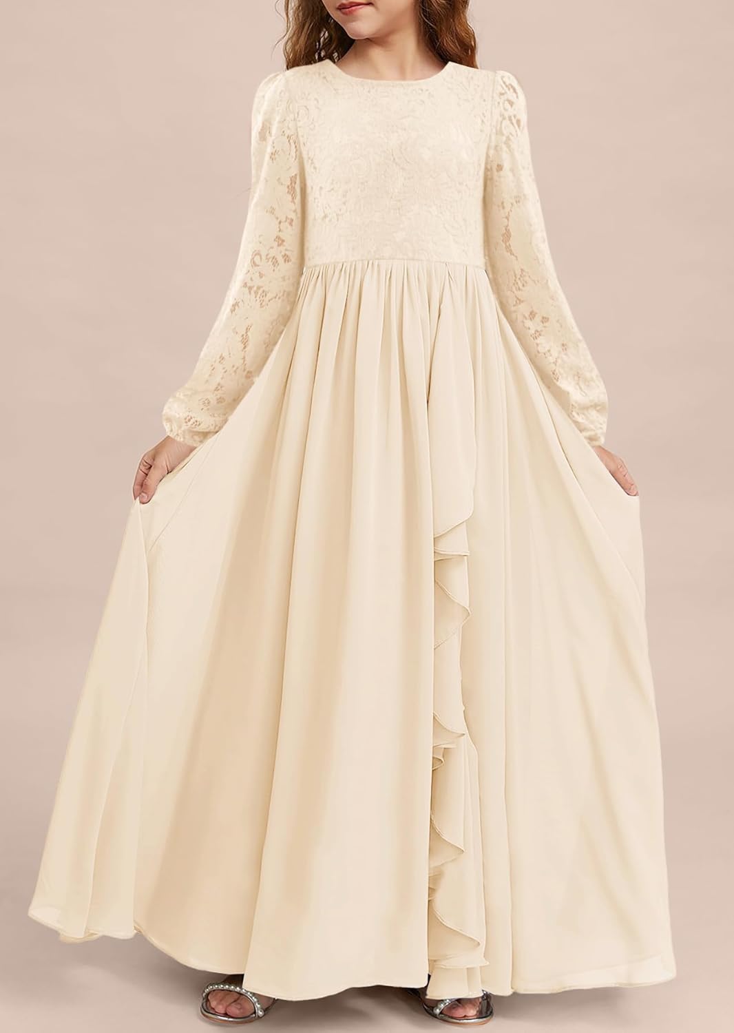MITILLY Girls Fall Long Sleeve Maxi Dress Vintage A-Line Chiffon Ruffle Flowy Lace Flower Girl Dresses for Wedding Party - Image 3
