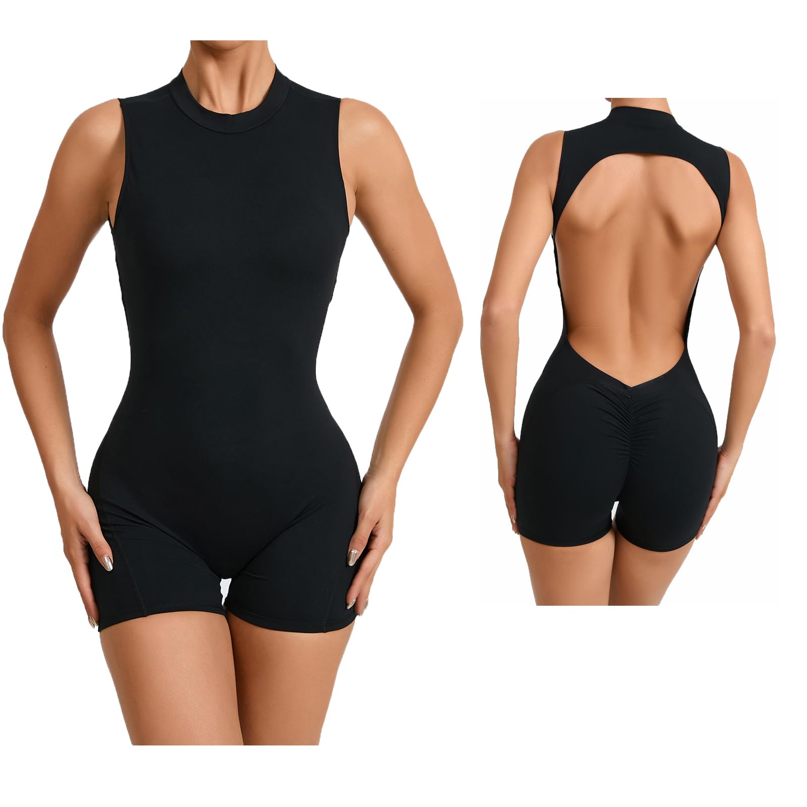 Damski Kombinezon Sportowy Odkryte Plecy Scrunch Push Up Pośladki Body Yoga Krótki Jednoczęściowy Fitness Bez Rękawów Wysoki Kołnierz z Wyjmowanymi Wkładkami(L, Black)