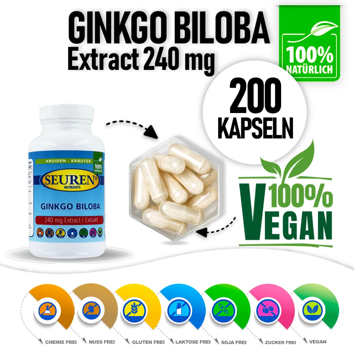 Seuren Nutrients | Ginkgo Biloba 12000 mg 200 Kapseln | Hochdosierte Ginkgo Biloba 240 mg Extrakt Kapseln | Frei Von Allergenen und für Vegetarier und Veganer Geeignet |