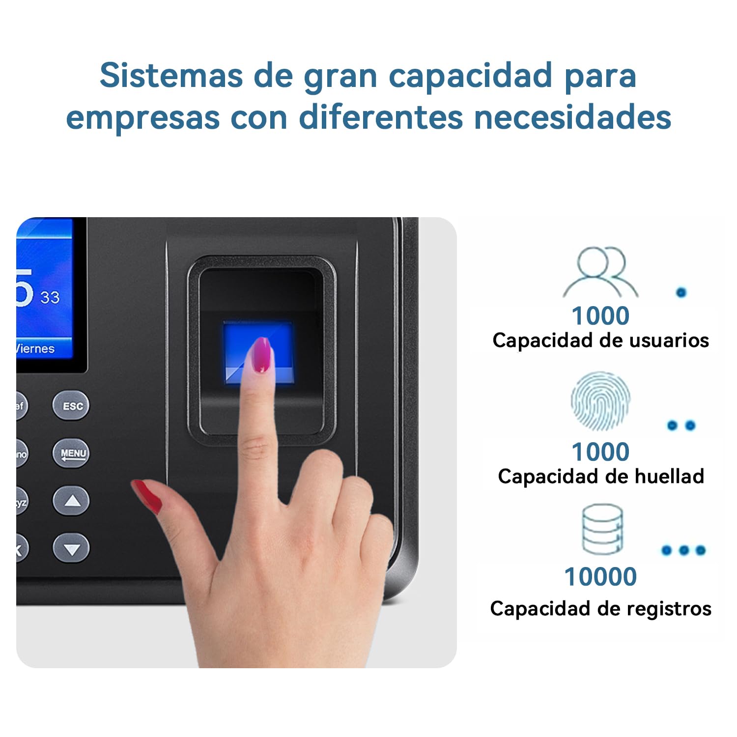 Control Horario Empleados, Reloj de Fichar, Maquina de Fichar, Fichaje Empleados con Sistema Española LCD Memoria de 8GB, con Capacidad de 1000 Huellas de fichar (No se Requiere Internet)